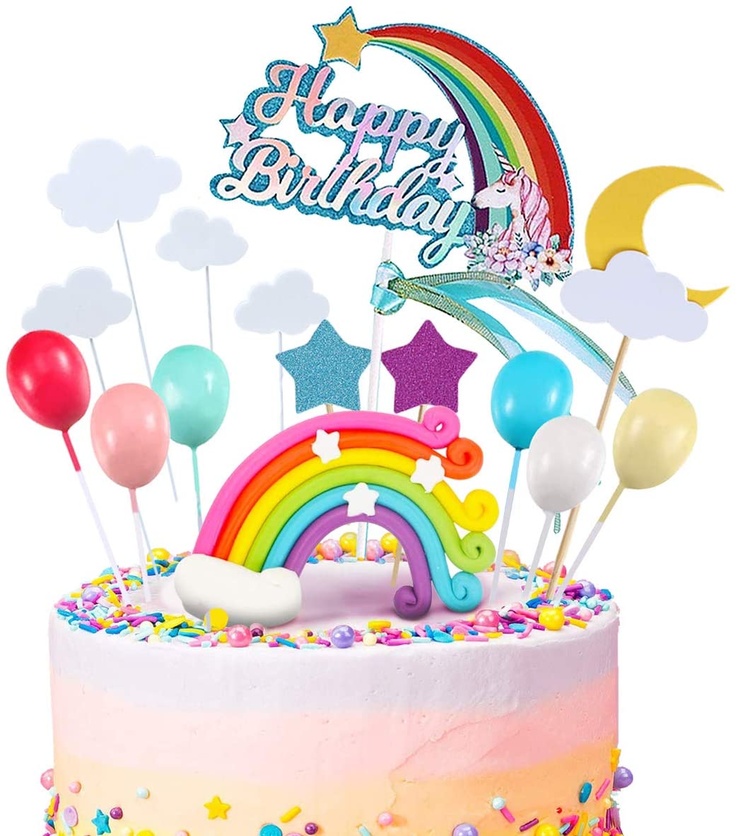 iZoeL 21pcs Unicorn Cake Topper Kit Cloud Rainbow Balloon Happy Birthday Banner Cake Decoration For Boy Girl Kid Birthday