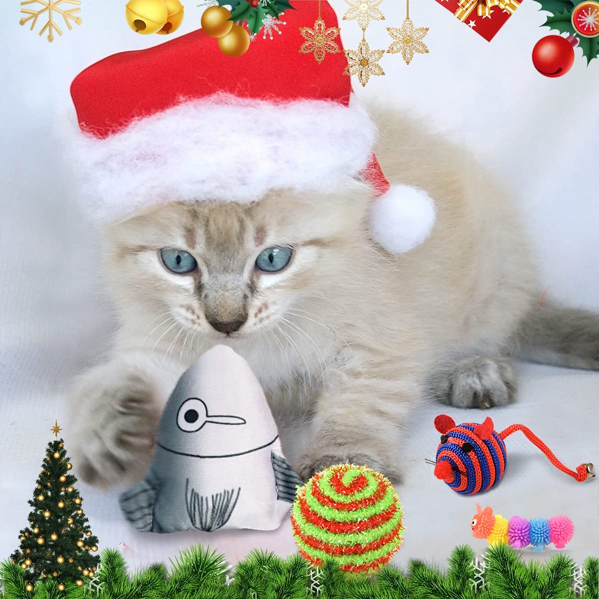 iZoeL Cat Advent Calendar 2022, 24 Pcs Interactive Cat Toys for Indoor Cats - Christmas Cat Collars Cat Bow Tie Feather Toys for Cats, Fish Fake Mouse Bell Balls for Cat