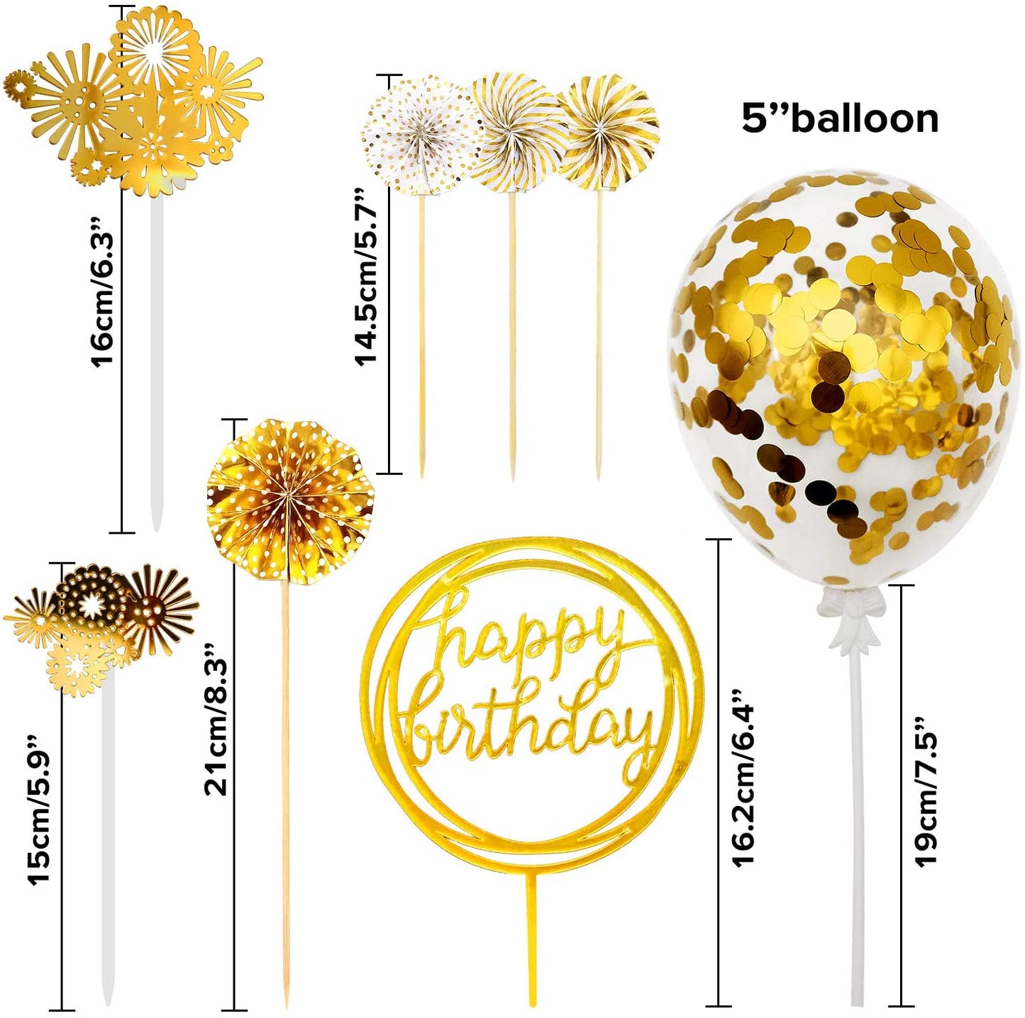 iZoeL Gold Birthday Cake Decoration Happy Birthday Cake Topper Paper Fans Banner Confetti Balloon Fireworks Golden Cupcake Topper for Gold Theme Party Decor Girl Boy Kid Women Man (Gold)