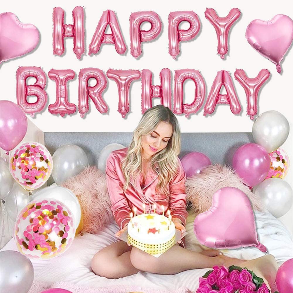 iZoeL Pink Birthday Party Decoration Happy Birthday Banner Pink Fringe Curtain, Foil Tablecloth, Heart Star Foil Confetti Balloons and 10g Table Confetti for Girl Women Birthday Party