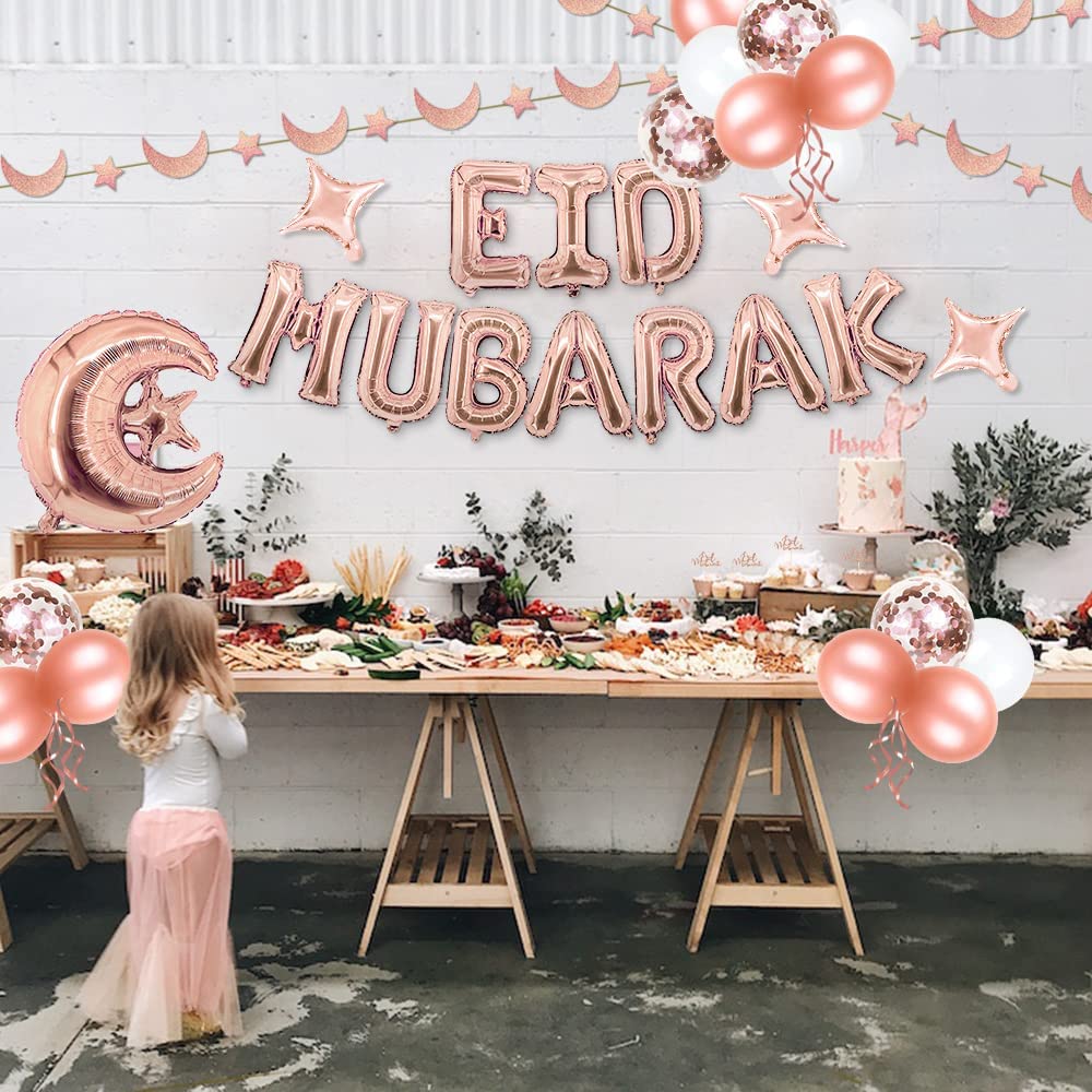 iZoeL EID Mubarak Decorations for Home Eid Decorations UK, Eid Mubarak Balloons Mubarak Banner Eid Cake Topper Moon Star Garland Eid Balloons for Home Restaurant Garden - Rose Gold