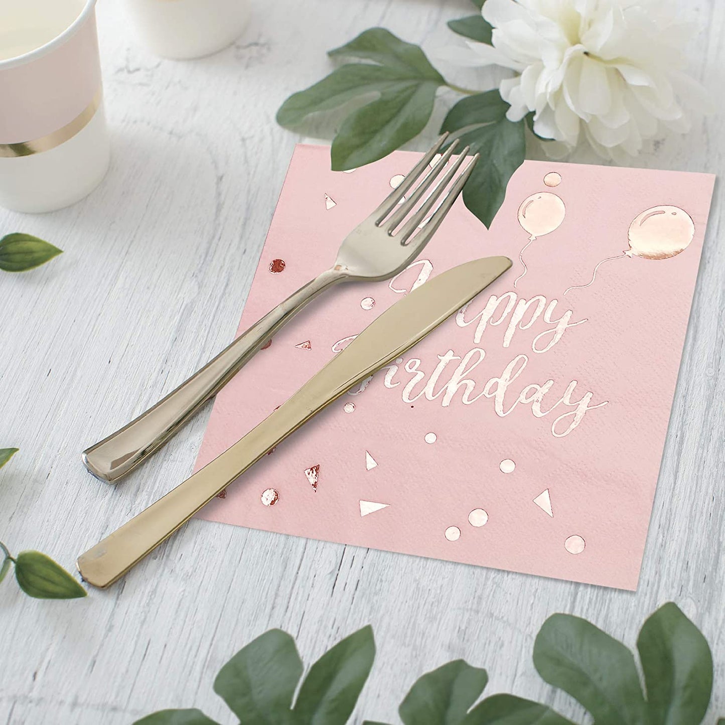 iZoeL Pink Napkins Rose Gold Happy Birthday 50pcs, Paper Napkin Folding 3 Layers Disposable Tableware Dinnerware for Birthday Anniversary Rose Gold Party Decoration Cocktail Supplies