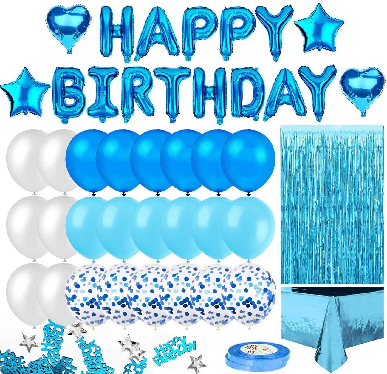 iZoeL Blue Birthday Decoration for Boys, Happy Birthday Banner, Foil Fringe Curtain Tablecloth, Heart Star Confetti Balloons with 10g Birthday Table Confetti for Baby Shower Men Kids