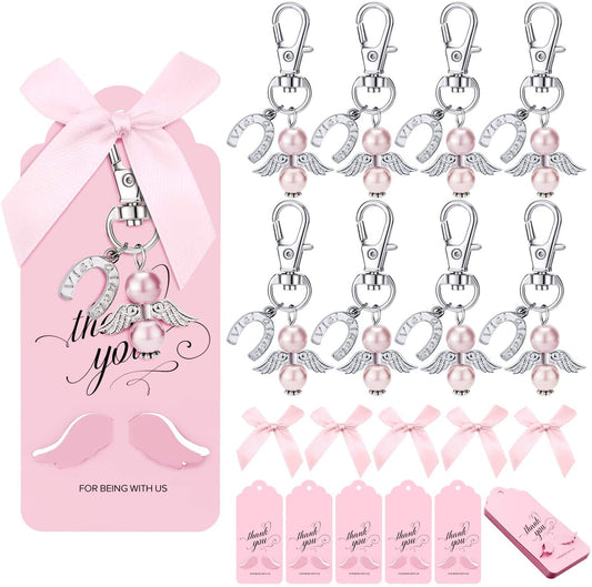 iZoel Thank You Gift Set, 20pcs Pink Angel Keychains and Bows and Angel Wing Thank You Tags, Guest Return Gifts for Baby Boy Baby Shower, Bridal Shower, Wedding Charm, Party Favors