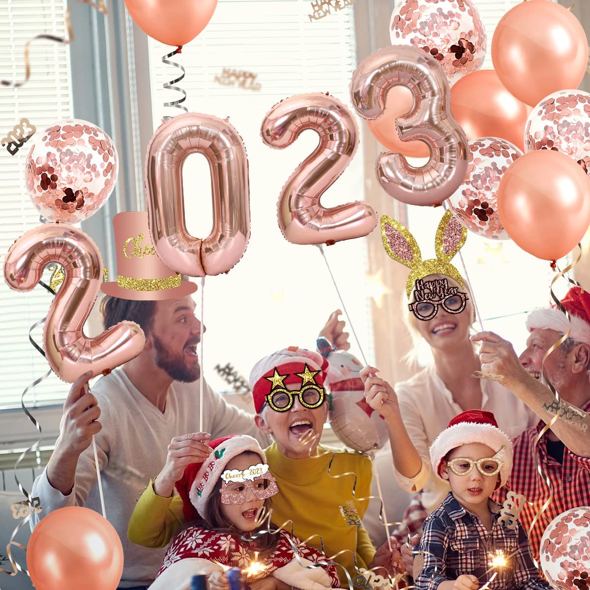 iZoeL New Years Decorations 2023 Eve Party Supplies - Rose Gold 2023 Balloons 2023 Glasses New Year Photo Booth Props, Curling Ribbons Table Confetti Decorations - New Years Party Favors