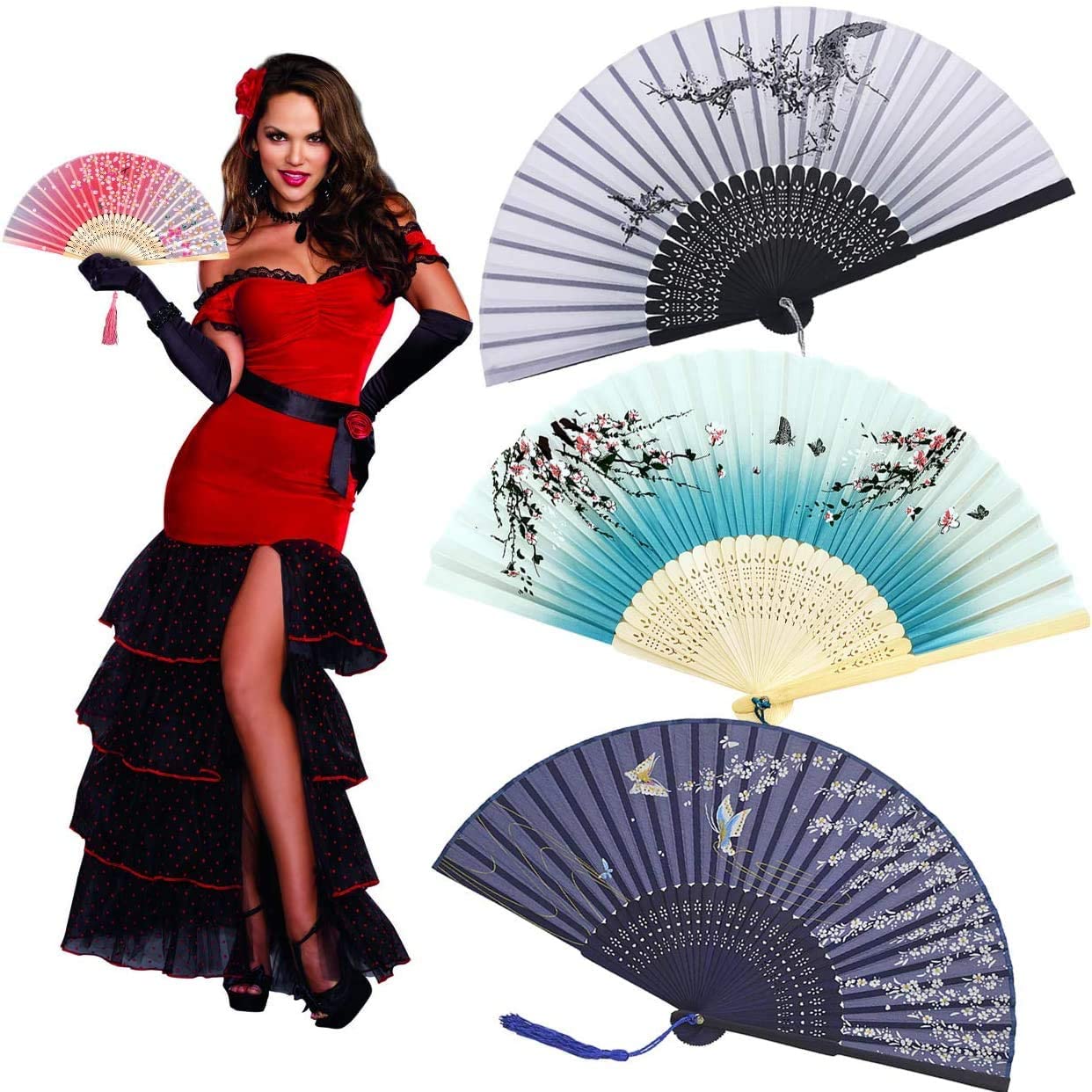 iZoeL Pocket Fans Folding Handheld Bamboo Fans with Tassel with 4 Delicate Bags Wedding Favours Party Guest Gift Wall Decoration Women Fan Blue & grey & Black & Pink