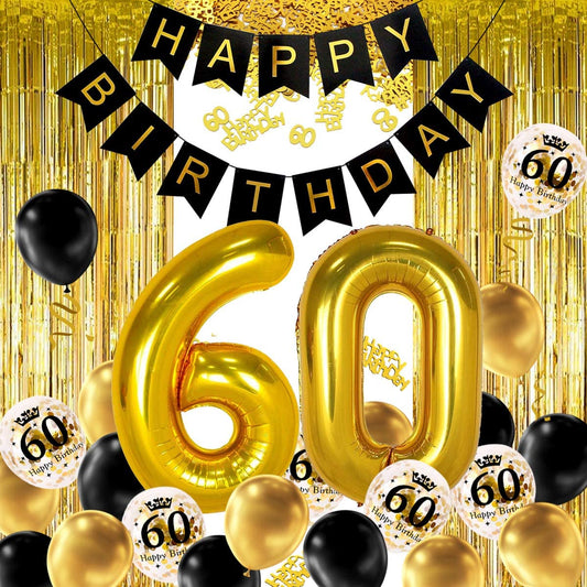 iZoeL 60th Black Gold Birthday Party Decoration, Happy Birthday Banner Helium Number 60 XXL 2 Gold Fringe Curtain Latex Confetti Balloon Table Confetti for Man Boy Girl Women Anniversary