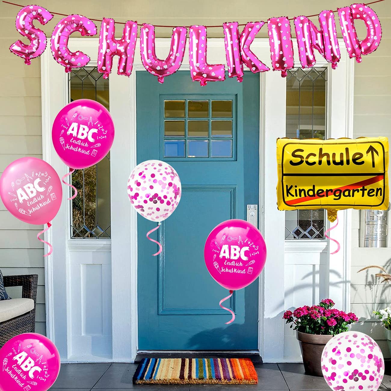 iZoeL Decorative First Day of School Girl Pink School Child Garlands Foil Balloon + First Day of School Decoration Foil Balloon + 15 Red Balloons School Introduction + Balloon Ribbons