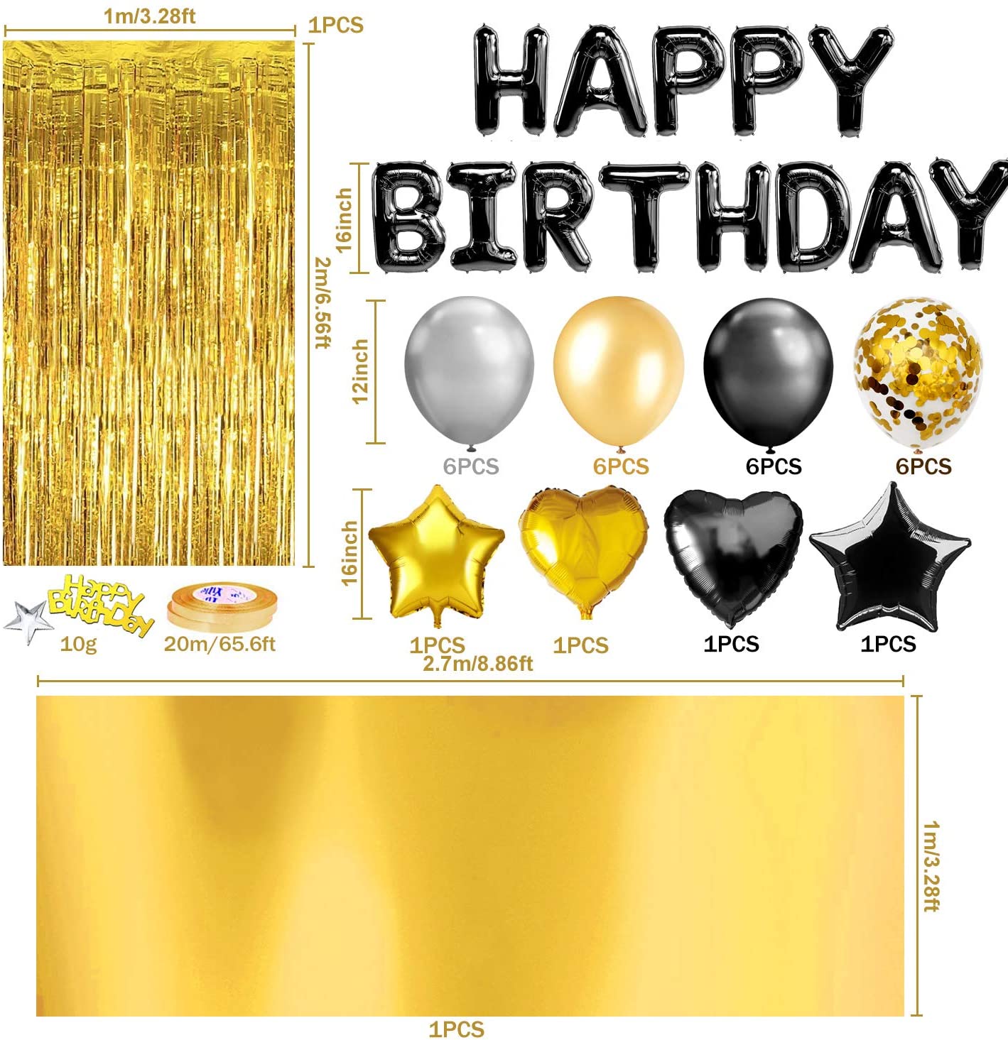 iZoeL Birthday Decorations for Men Women, Black Gold Happy Birthday Banner Balloons, Fringe Curtain, Foil Tablecloth, Heart Star Confetti Balloons and 10g Table Confetti