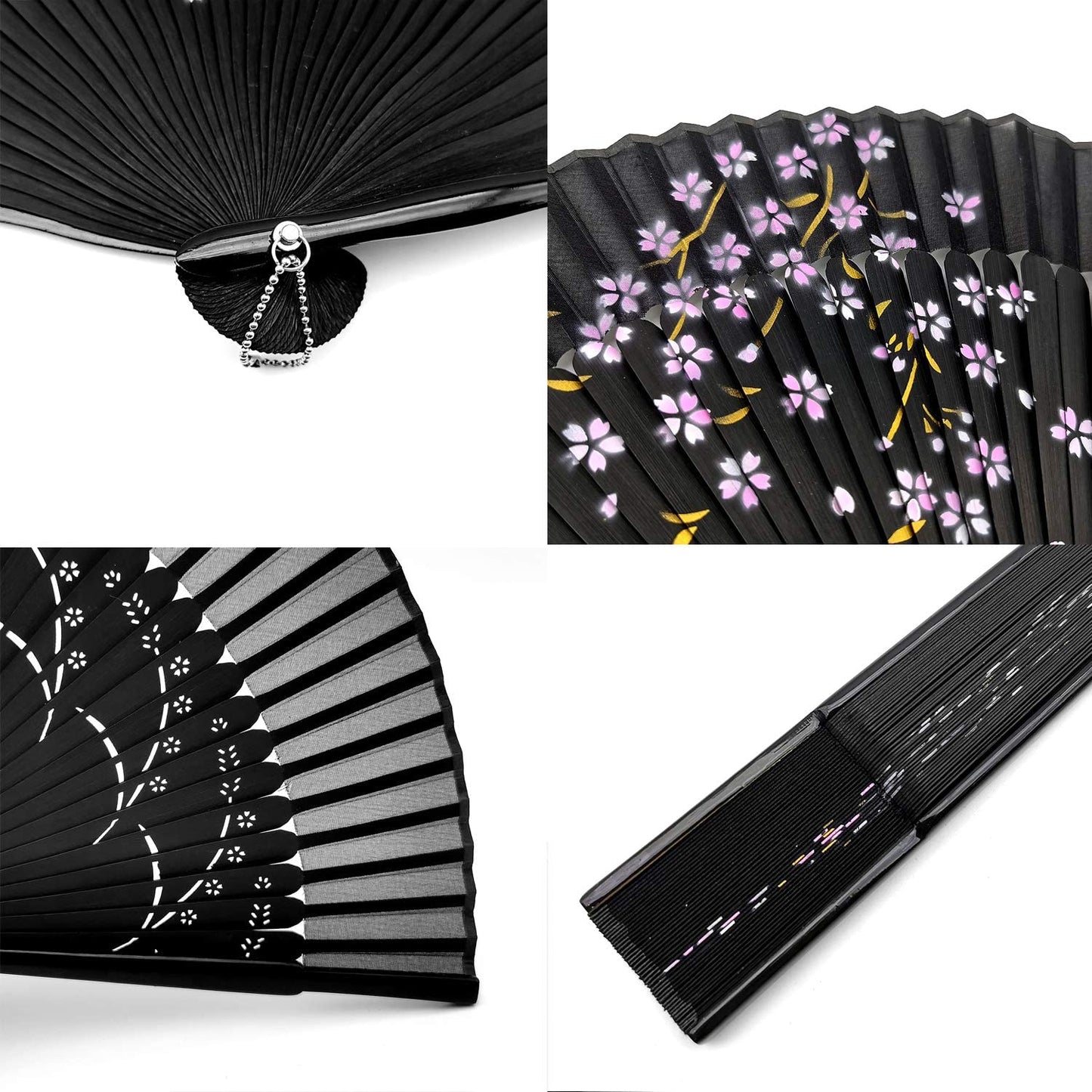 iZoeL Hand Bamboo Fan Handheld Folding Portable Fans, Black Fabric Cherry Fan with High-end Gift Bag, Hand Held Pocket Chinese Fan Idea Wedding Birthday Gift for Man Women