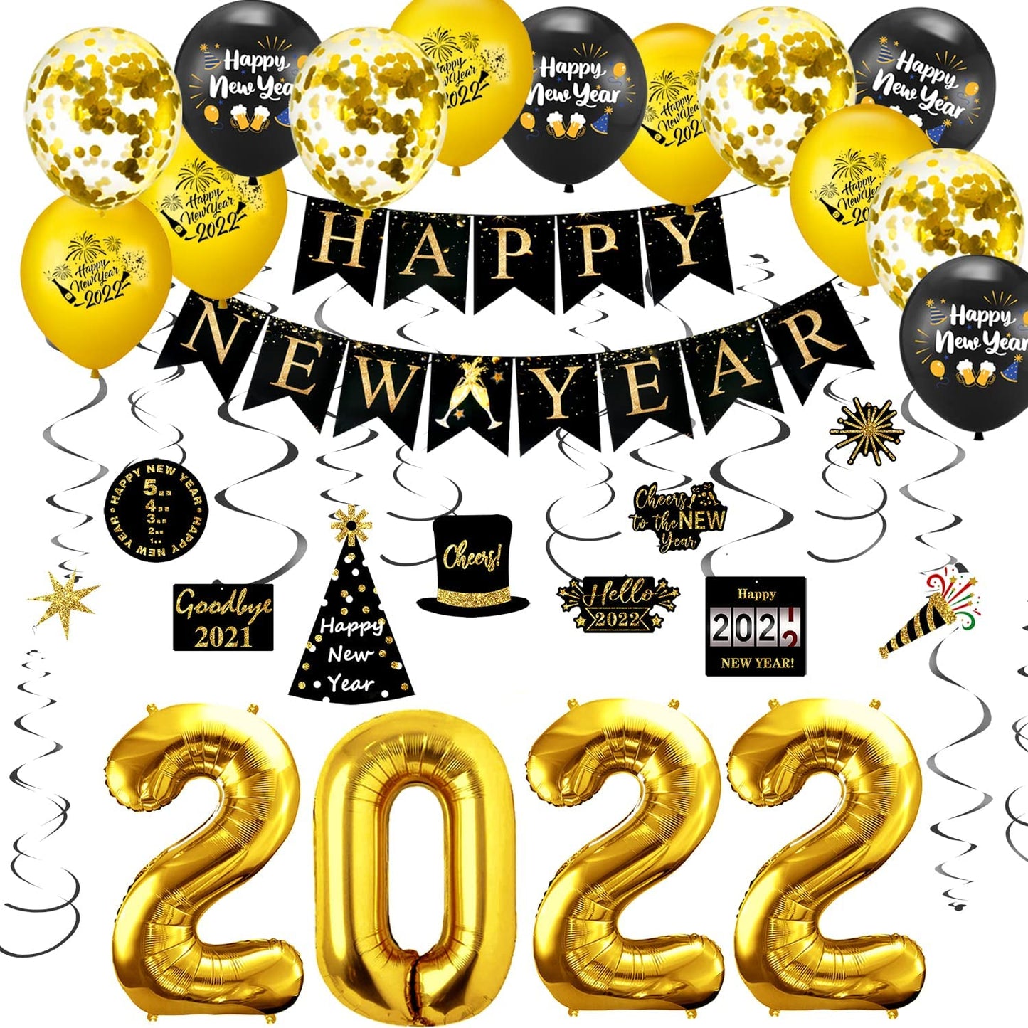 iZoeL New Years Eve Party Decorations 2022, 13pcs Black Gold Happy New Year Banner, 2022 Balloons, 10pcs Happy New Year Hanging Swirl, 16pcs Balloons for New Year Decorations