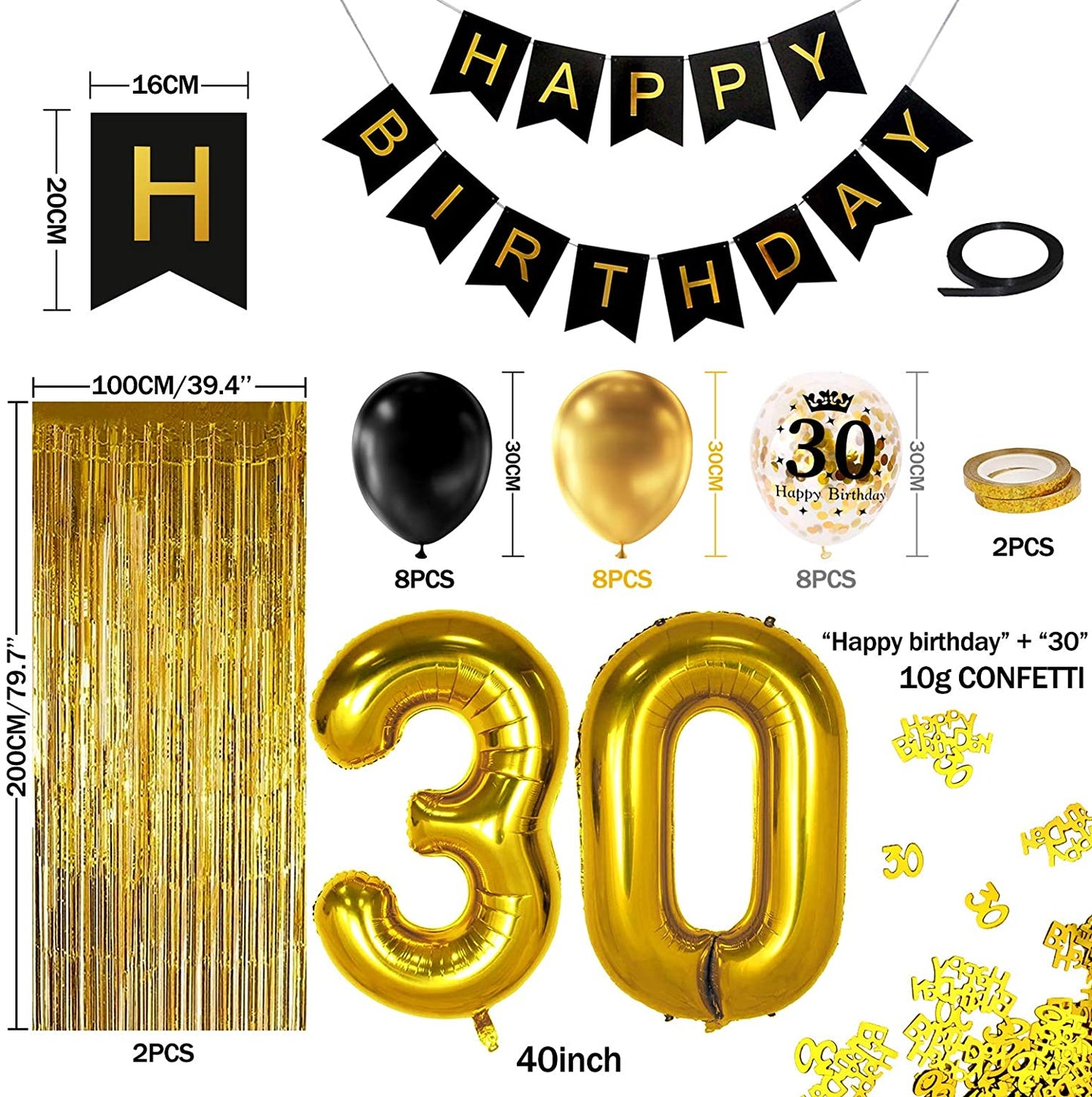 iZoeL 30th Black Gold Birthday Party Decoration, Happy Birthday Banner, Helium Number Balloon 30 XXL, 2 Gold Fringe Curtain, Latex Confetti Balloon, Table Confetti for Man Girl Women Anniversary