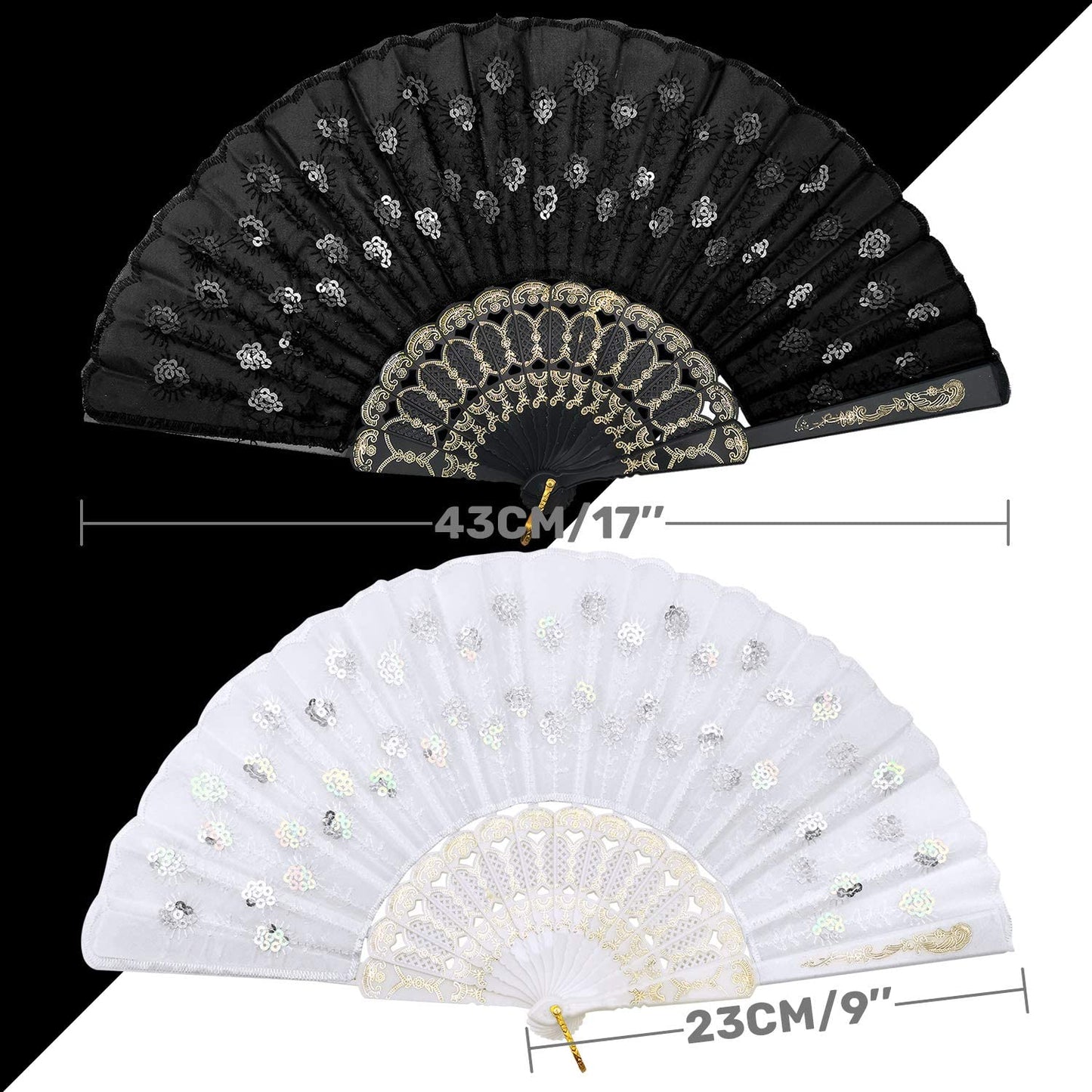 iZoeL Lace Folding Fans Handheld Folding Fans 2pcs Black and White Sequins Fan Women's Hand Held Holding Fans for Wedding Birthday Party Decoration Idea Gifts Dancing Prop Embellishing Walls