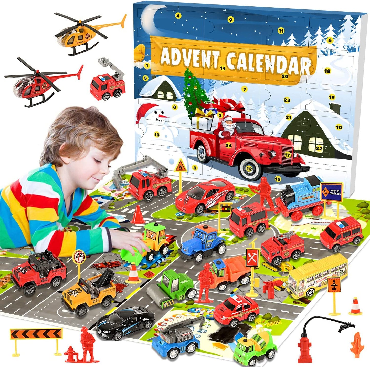 iZoeL Cars Advent Calendar for Kids Boys 2022 Christmas, 24 Pull Back Vehicles Helicopter Construction Vehicles Fire Truck Car Countdown Days to Christmas for Son Grandson Girls
