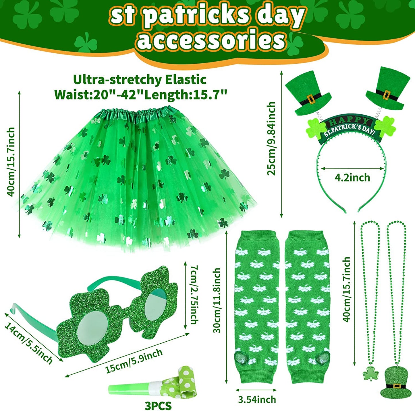 iZoeL St Patricks Day Accessories Women Girls Kids Shamrock Tutu Skirt Headband Glasses Necklaces Gloves for Irish Fancy Dress Leprechaun Costume Outfits