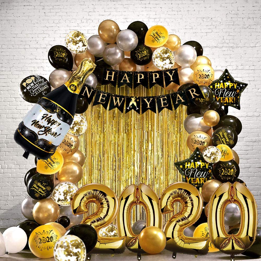 iZoeL Happy New Year Balloon 2021 XXXL Set, Black Gold Happy New Year Banner, Gold Fringe Curtain, Foil Helium Confetti Balloons Number Star Bottle Champagne for New Year's Eve Party Decoration