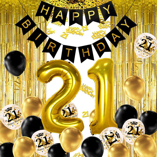 iZoeL 21st Black Gold Birthday Party Decoration, Happy Birthday Banner, Helium Number 21 XXL, 2 Gold Fringe Curtain, Latex Confetti Balloon, Table Confetti for Man Girl Women Anniversary