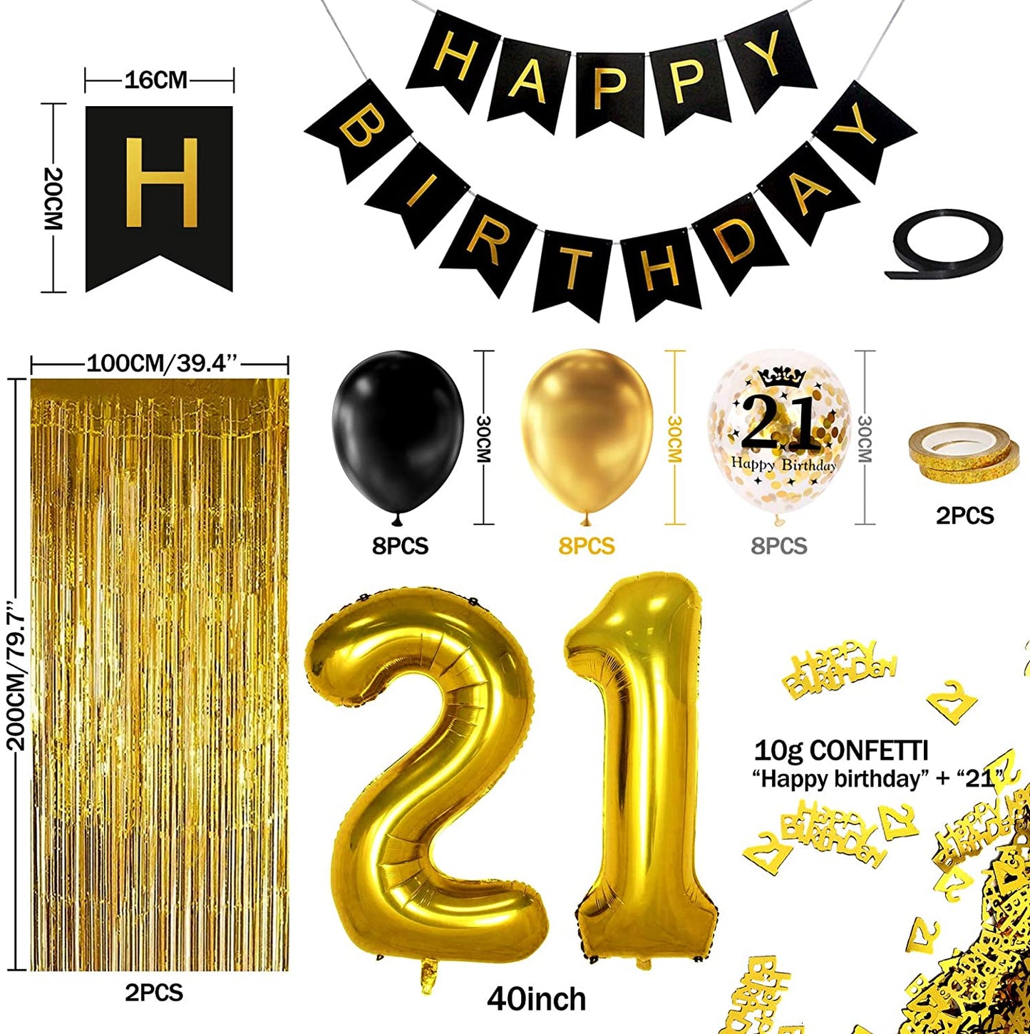 iZoeL 21st Black Gold Birthday Party Decoration, Happy Birthday Banner, Helium Number Balloon 21 XXL, 2 Gold Fringe Curtain, Latex Confetti Balloon, Table Confetti for Man Girl Women Anniversary
