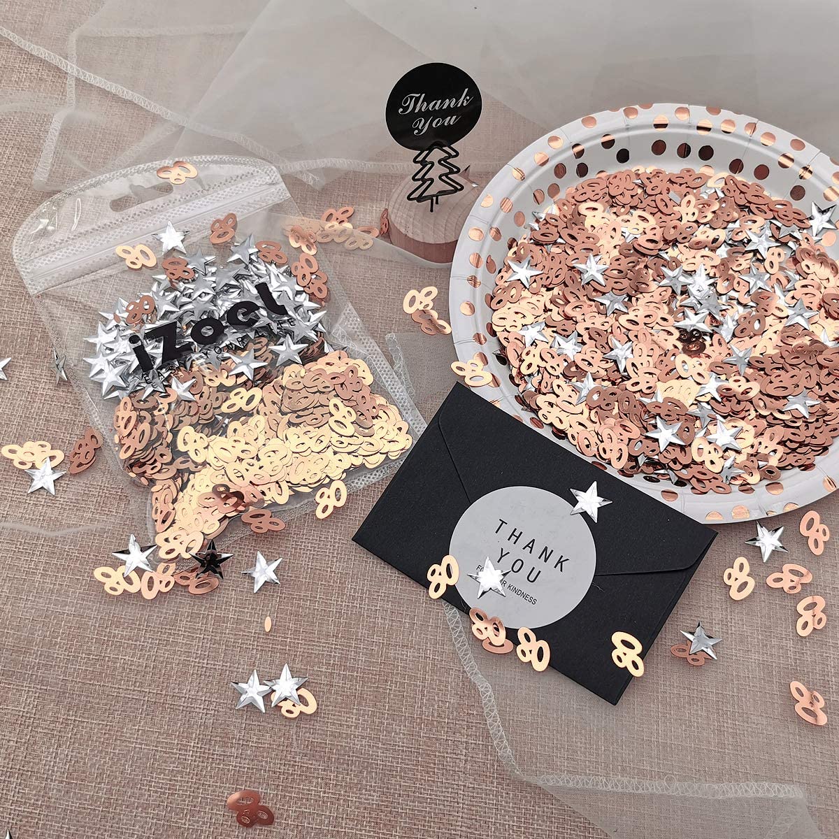 iZoeL 80th Rose Gold Table Confetti Bag 30g incl. 80th Birthday Confetti (1000pcs) Silver Star Confetti Sequin(200pcs) for 80th Birthday Party Wedding Anniversary Table Decoration (Rose Gold 80)