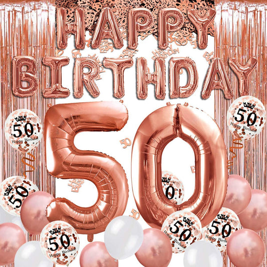 iZoeL 50th Rose Gold Birthday Party Decoration Happy Birthday Banner Helium Number Balloon 50 XXL, 2 Rose Gold Fringe Curtain Latex Confetti Balloon Table Confetti Girl Women Anniversary