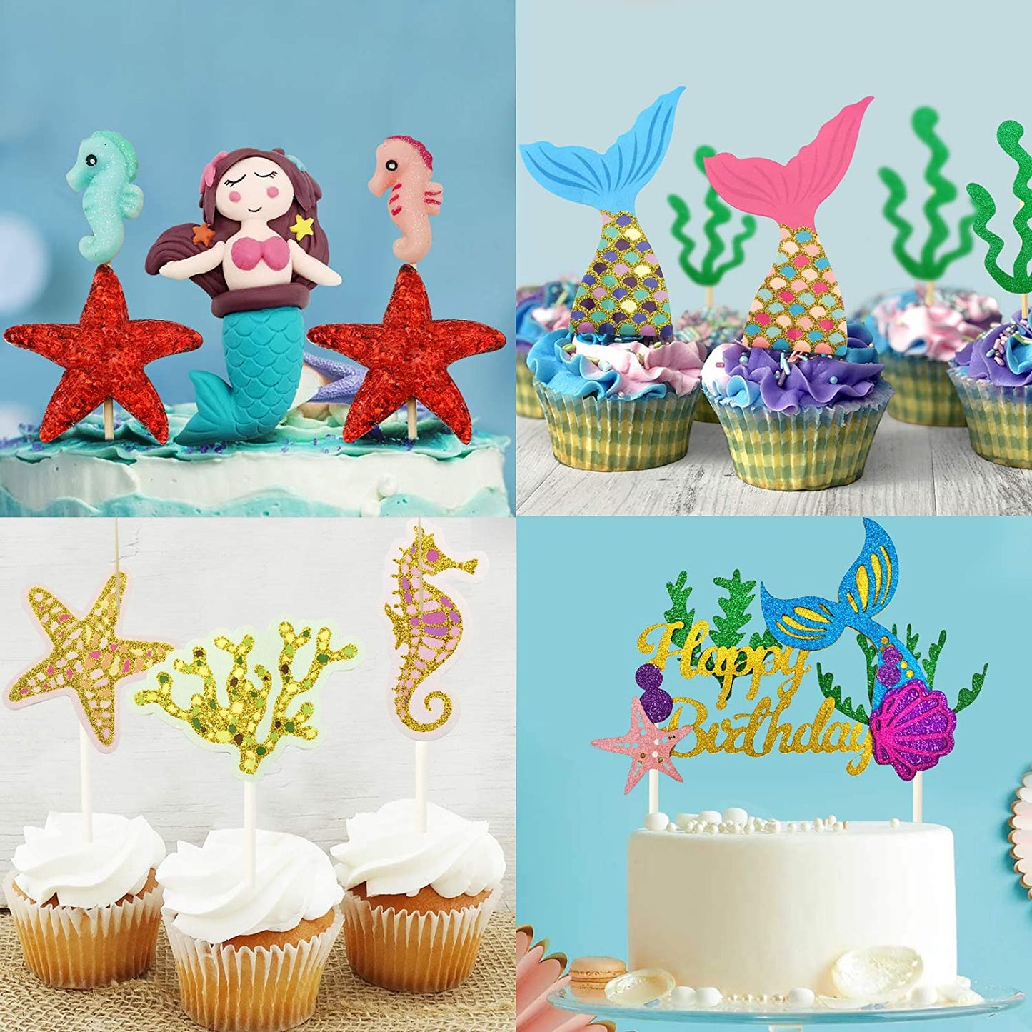 iZoeL 29pcs Mermaid Cake Topper, Seahorse Mermaid Tail Seaweed Starfish Cupcake, Happy Birthday Banner Cake Decoration For Girl Kid Baby Ocean Birthday party Baby Shower