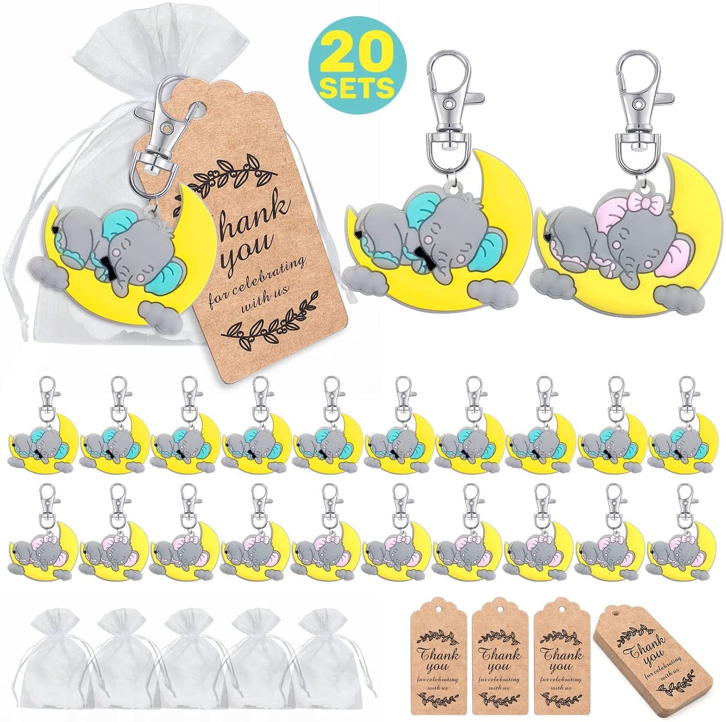 iZoeL 20 Sets Baby Shower Party Favors for Guest Gift, Baby Elephant Keychains Pink -cloud (Baby Shower unknown)