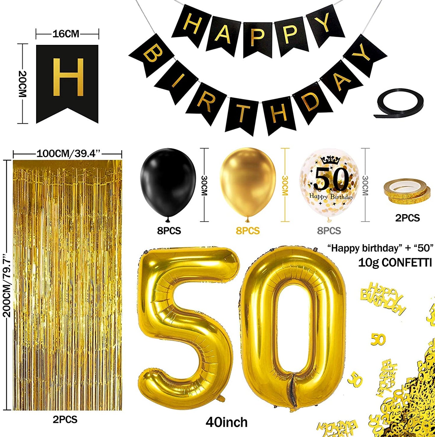 iZoeL 50th Black Gold Birthday Party Decoration, Happy Birthday Banner, Helium Number 50 XXL, 2 Gold Fringe Curtain, Latex Confetti Balloon, Table Confetti