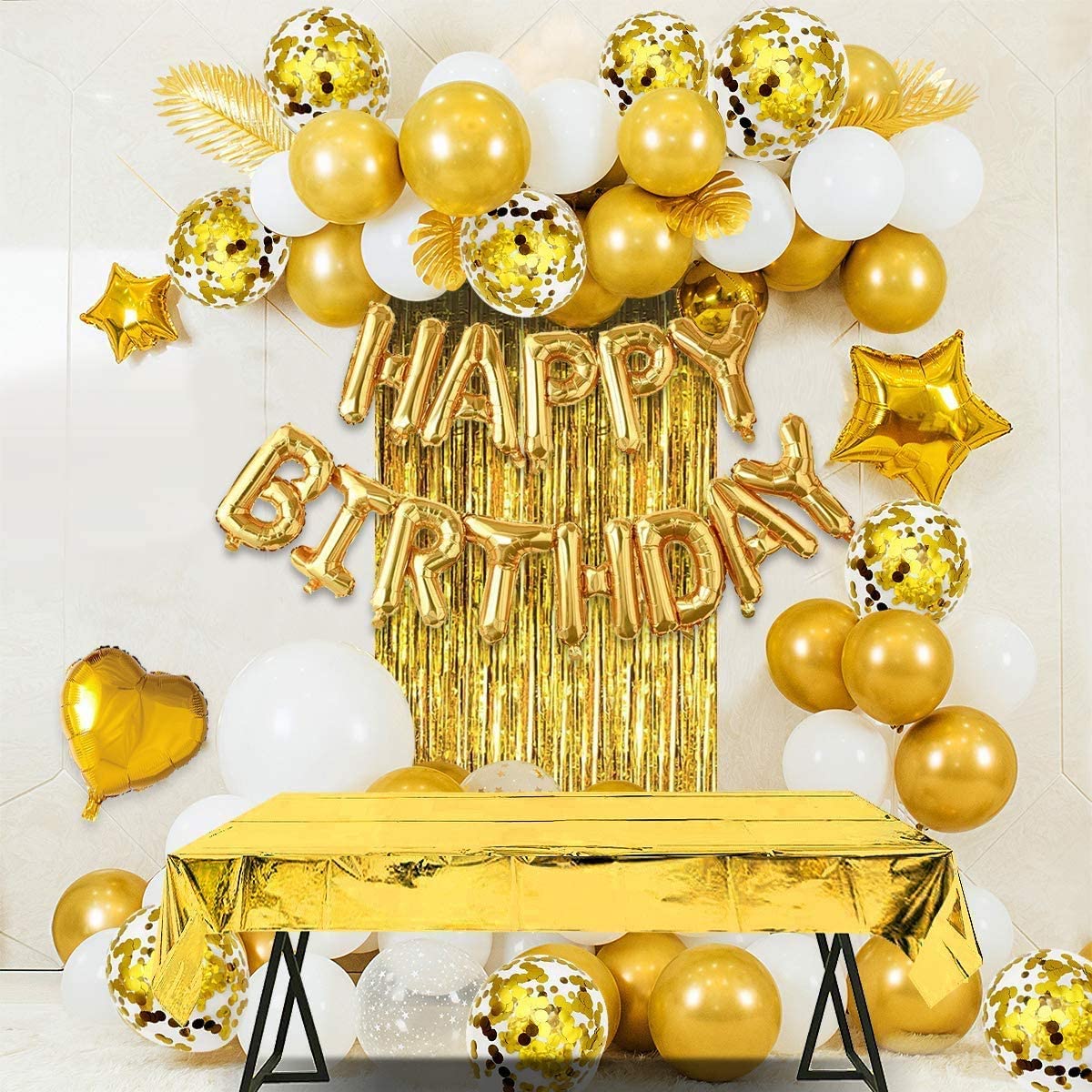 iZoeL Gold Birthday Party Decoration Happy Birthday Banner Balloon Gold Triangle Flag Bunting Heart Star Confetti Balloons Cake Toppers Birthday Party Supplies for Man Woman Wedding Anniversary