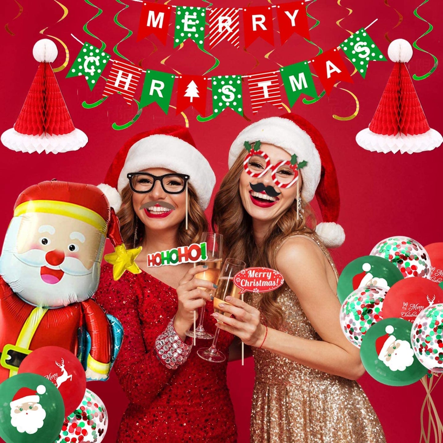iZoeL XXL Merry Christmas Decoration Balloon Set, Merry Christmas Banner, Xmas Hanging Swirl, XXL Santa Claus Balloon, Floating Santa Claus Hat, Photo Booth Props for Christmas Eve Party Supplies