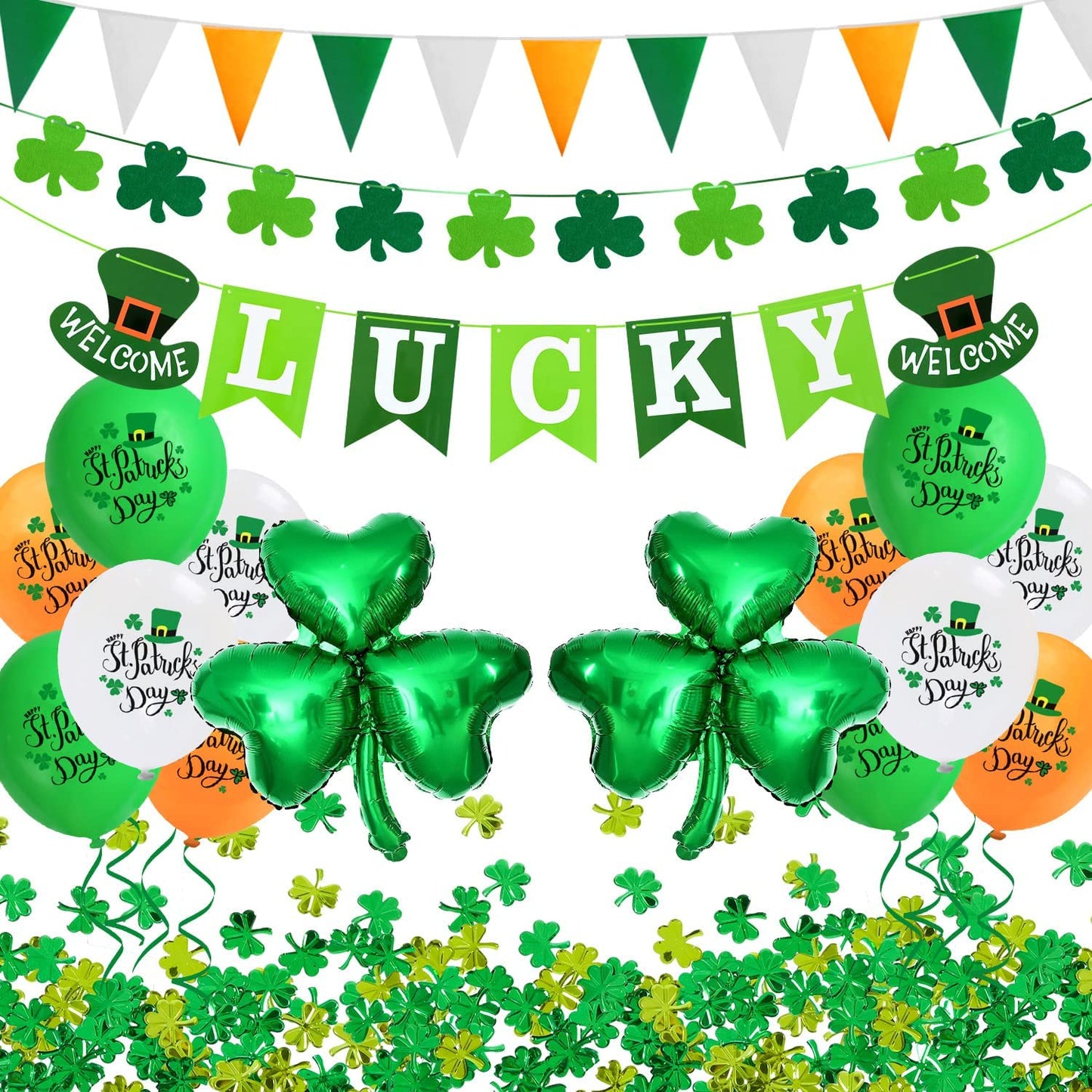 iZoeL St Patricks Day Decorations St Patricks Day Accessories, Welcome Lucky Banner Irish Bunting St Patricks Day Balloons Shamrocks Bunting Confetti for Home Bar Paddy's Day Irish Day Party Supplies