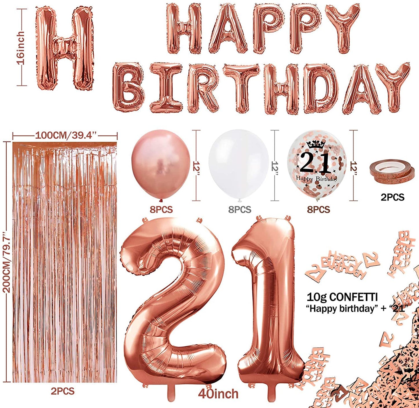 iZoeL 21th Rose Gold Birthday Party Decoration Happy Birthday Banner Helium Number Balloon 21 XXL, 2 Rose Gold Fringe Curtain Latex Confetti Balloon Table Confetti Girl Women Anniversary