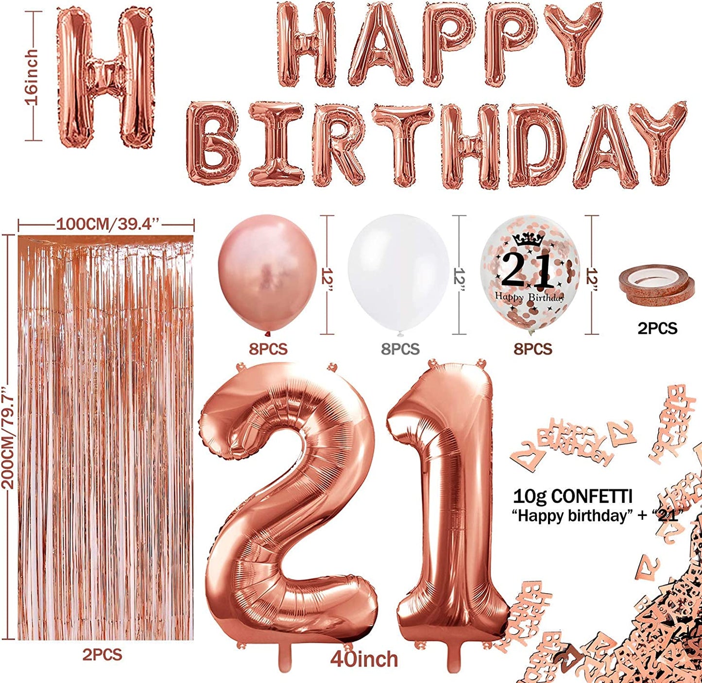 iZoeL Rose Gold 21st Birthday Party Decorations, 21 Happy Birthday Banner, 40inch Number 21 Balloons, 2 Fringe Curtain Latex Confetti Balloon Table Confetti for Girls Women Quarantine Isolation Party