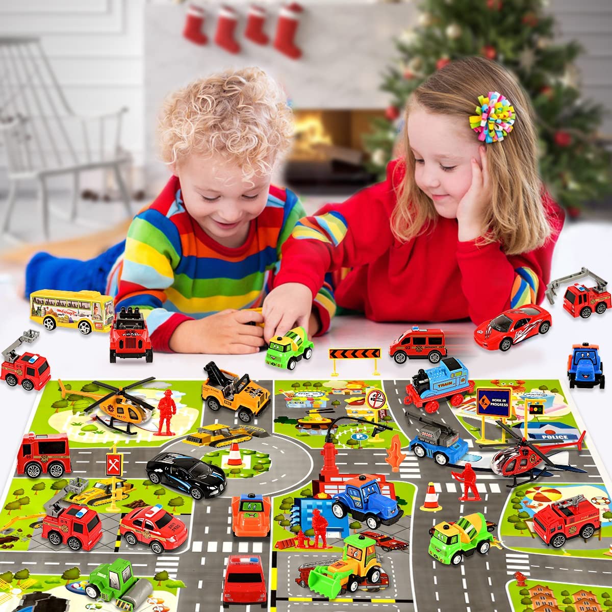 iZoeL Cars Advent Calendar for Kids Boys 2022 Christmas, 24 Pull Back Vehicles Helicopter Construction Vehicles Fire Truck Car Countdown Days to Christmas for Son Grandson Girls