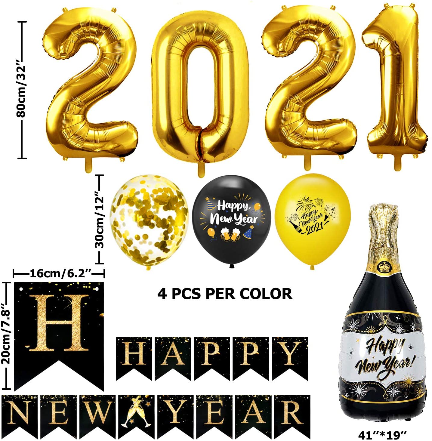 iZoeL Happy New Year Balloon 2021 XXL Set, Black Gold Happy New Year Banner, XXL 2021 Numbers, Bottle Champagne Black Gold Confetti Balloons for New Year's Eve Party Decoration (Black Gold)