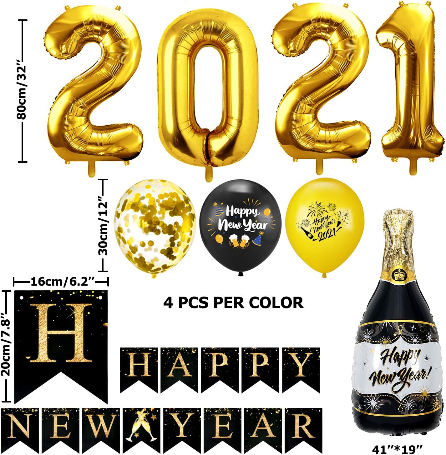 iZoeL Happy New Year Balloon 2021 XXL Set, Black Gold Happy New Year Banner, XXL 2021 Numbers, Bottle Champagne Black Gold Confetti Balloons for New Year's Eve Party Decoration (Black Gold)