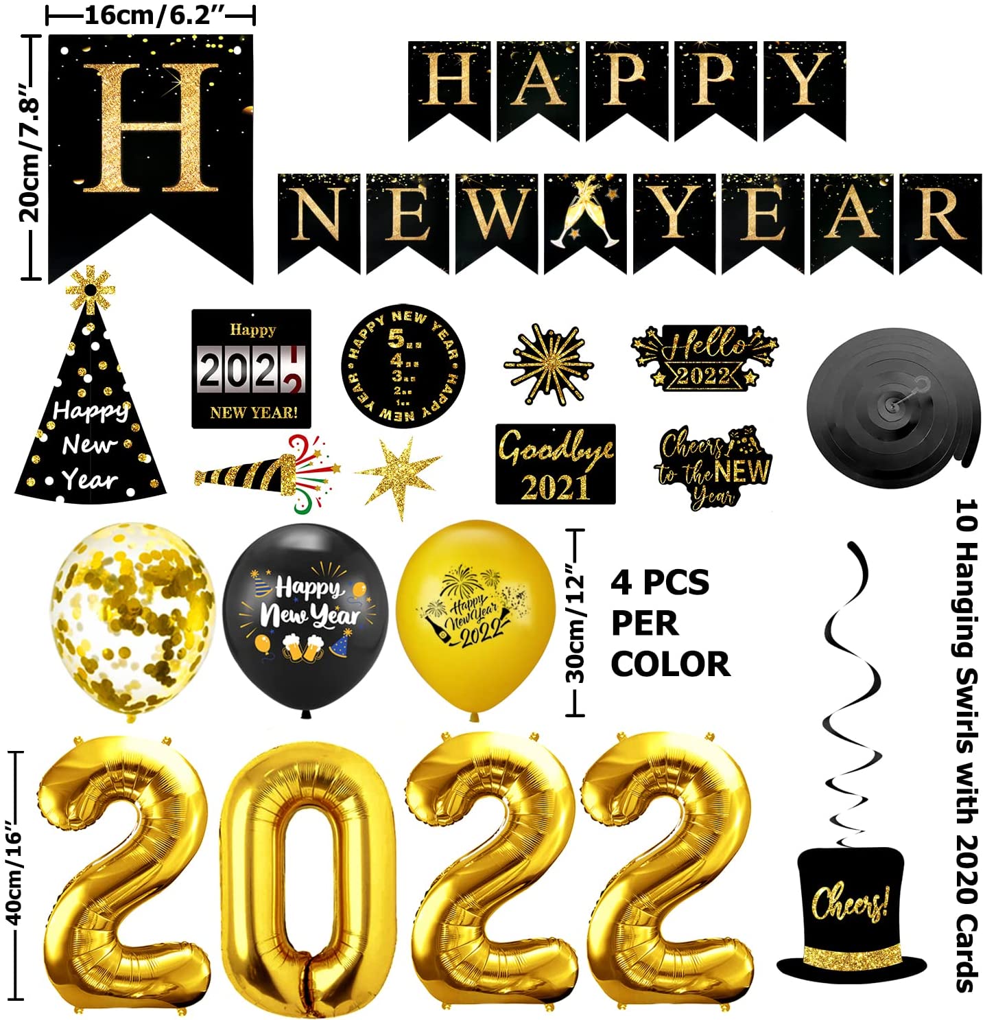 iZoeL New Years Eve Party Decorations 2022, 13pcs Black Gold Happy New Year Banner, 2022 Balloons, 10pcs Happy New Year Hanging Swirl, 16pcs Balloons for New Year Decorations