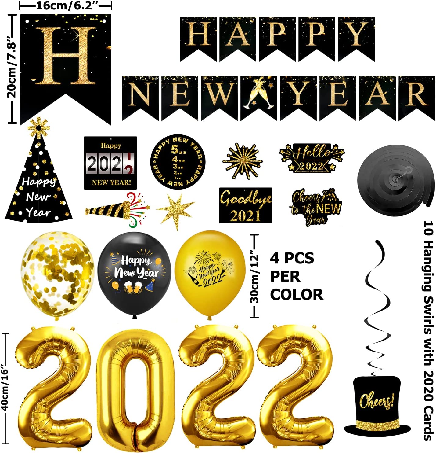 iZoeL New Years Eve Party Decorations 2022, 13pcs Black Gold Happy New Year Banner, 2022 Balloons, 10pcs Happy New Year Hanging Swirl, 16pcs Balloons for New Year Decorations