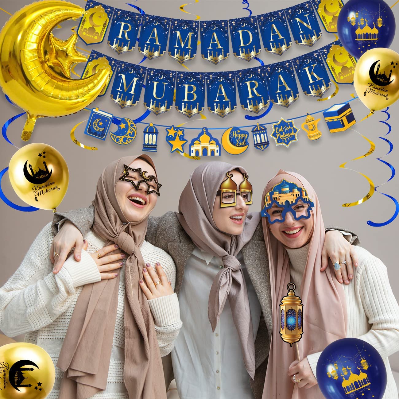 iZoeL Ramadan Decorations for Home Ramadan Mubarak Decor Eid Decorations Ramadan Balloons Banner Garland Party Glasses Photo Booth Props Hanging Swirl - Restaurant Garden Decor