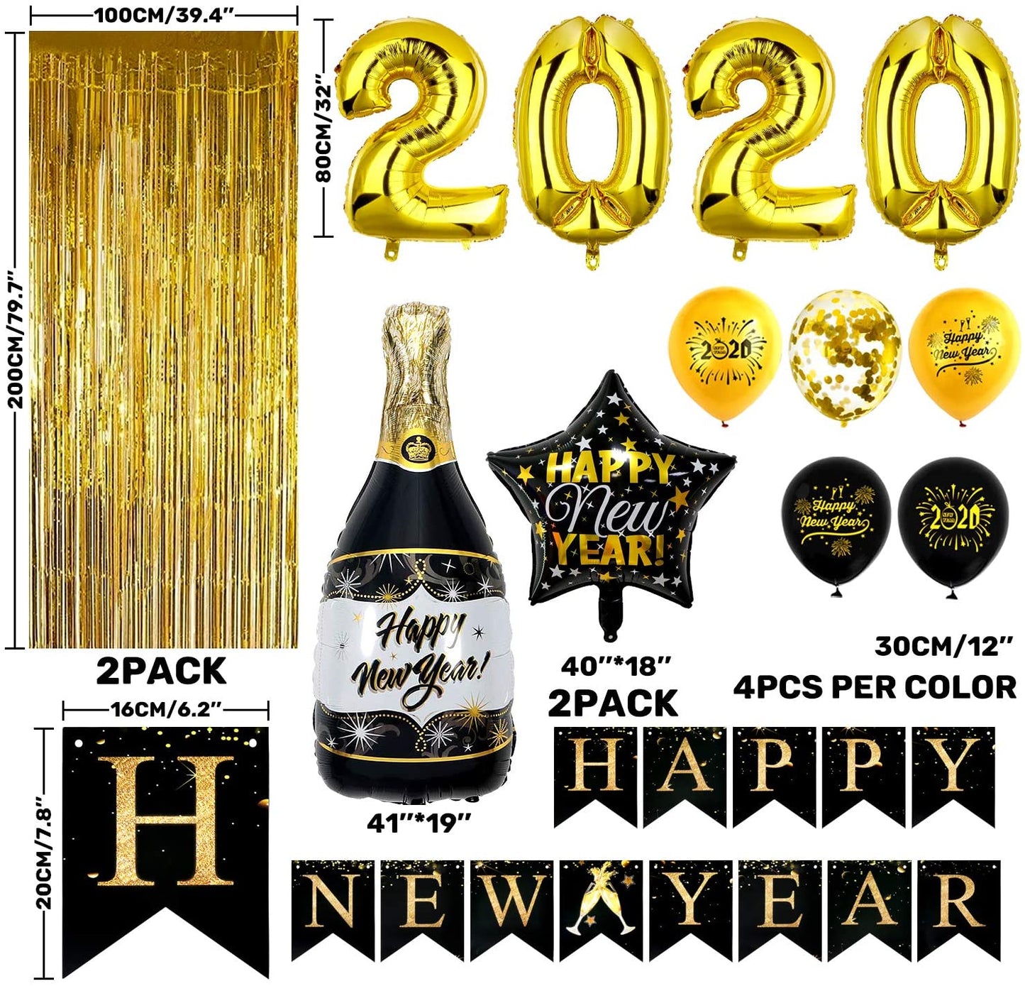 iZoeL Happy New Year Balloon 2021 XXXL Set, Black Gold Happy New Year Banner, Gold Fringe Curtain, Foil Helium Confetti Balloons Number Star Bottle Champagne for New Year's Eve Party Decoration