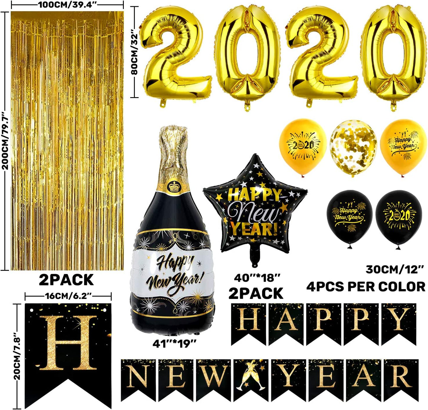 iZoeL Happy New Year Balloon 2021 XXXL Set, Black Gold Happy New Year Banner, Gold Fringe Curtain, Foil Helium Confetti Balloons Number Star Bottle Champagne for New Year's Eve Party Decoration