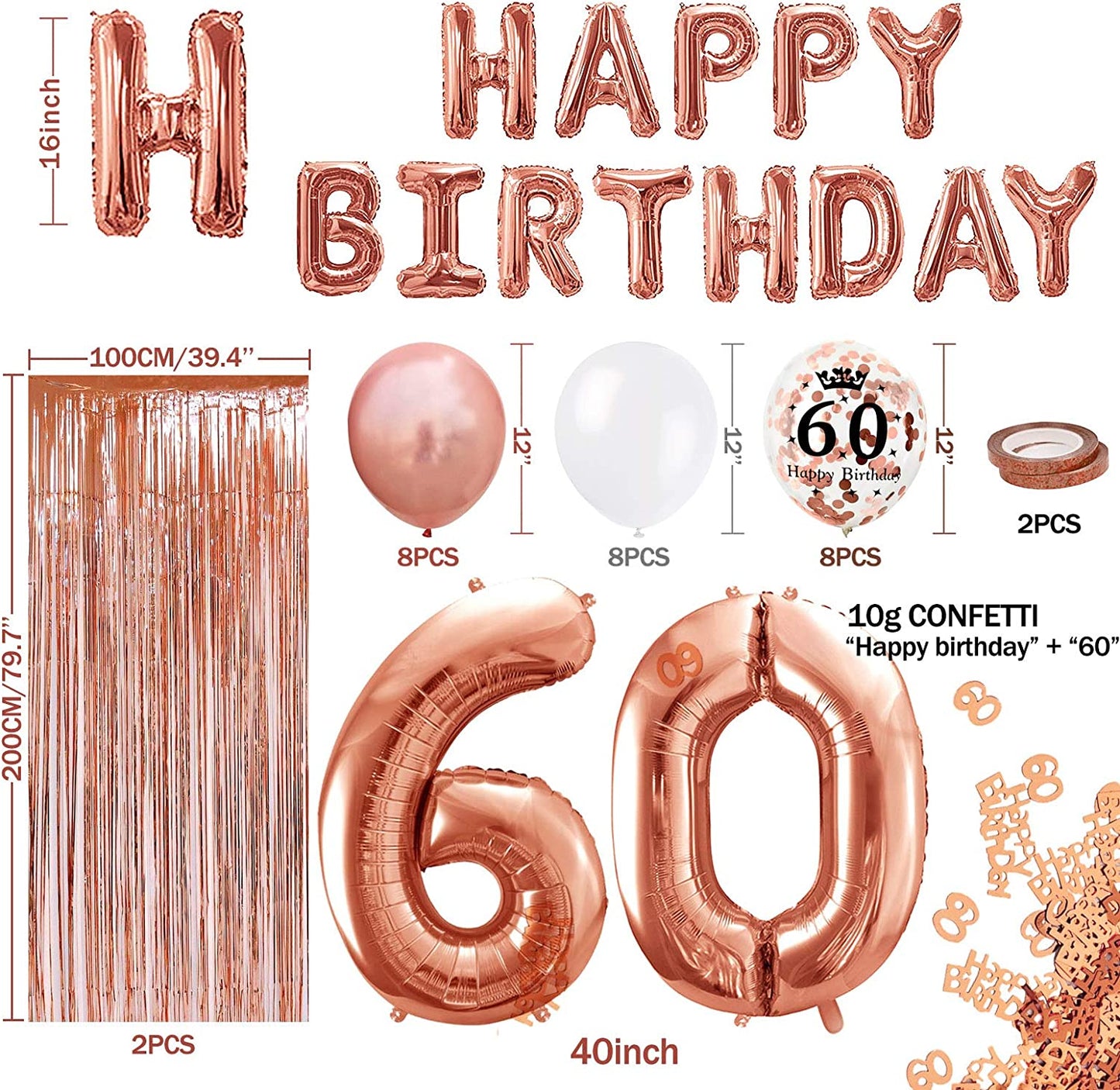 iZoeL 60th Rose Gold Birthday Party Decoration Happy Birthday Banner Helium Number 60 XXL 2 Rose Gold Fringe Curtain Latex Confetti Balloon Table Confetti Girl Women Anniversary