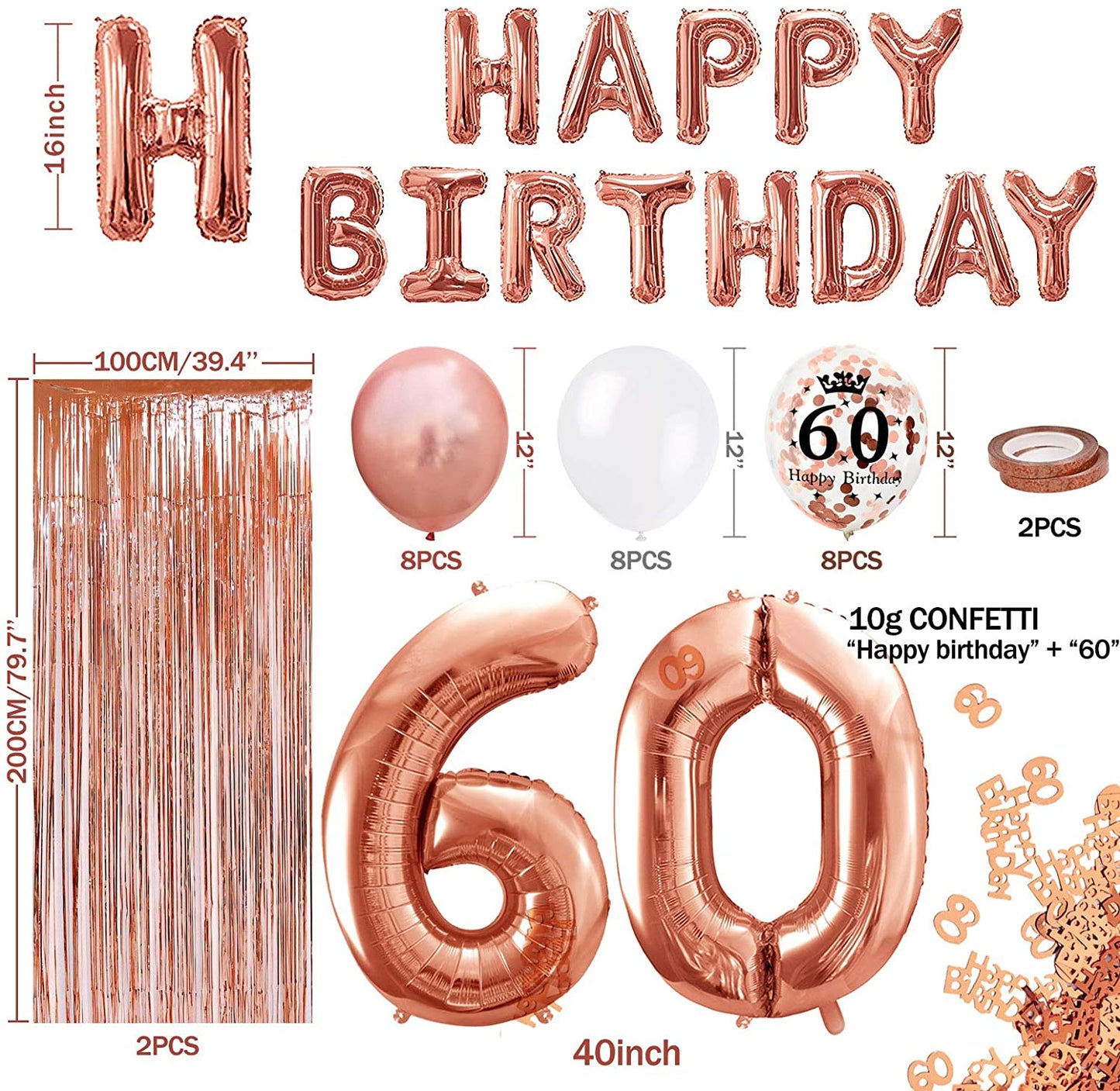 iZoeL 60th Rose Gold Birthday Party Decoration Happy Birthday Banner Helium Number 60 XXL 2 Rose Gold Fringe Curtain Latex Confetti Balloon Table Confetti Girl Women Anniversary