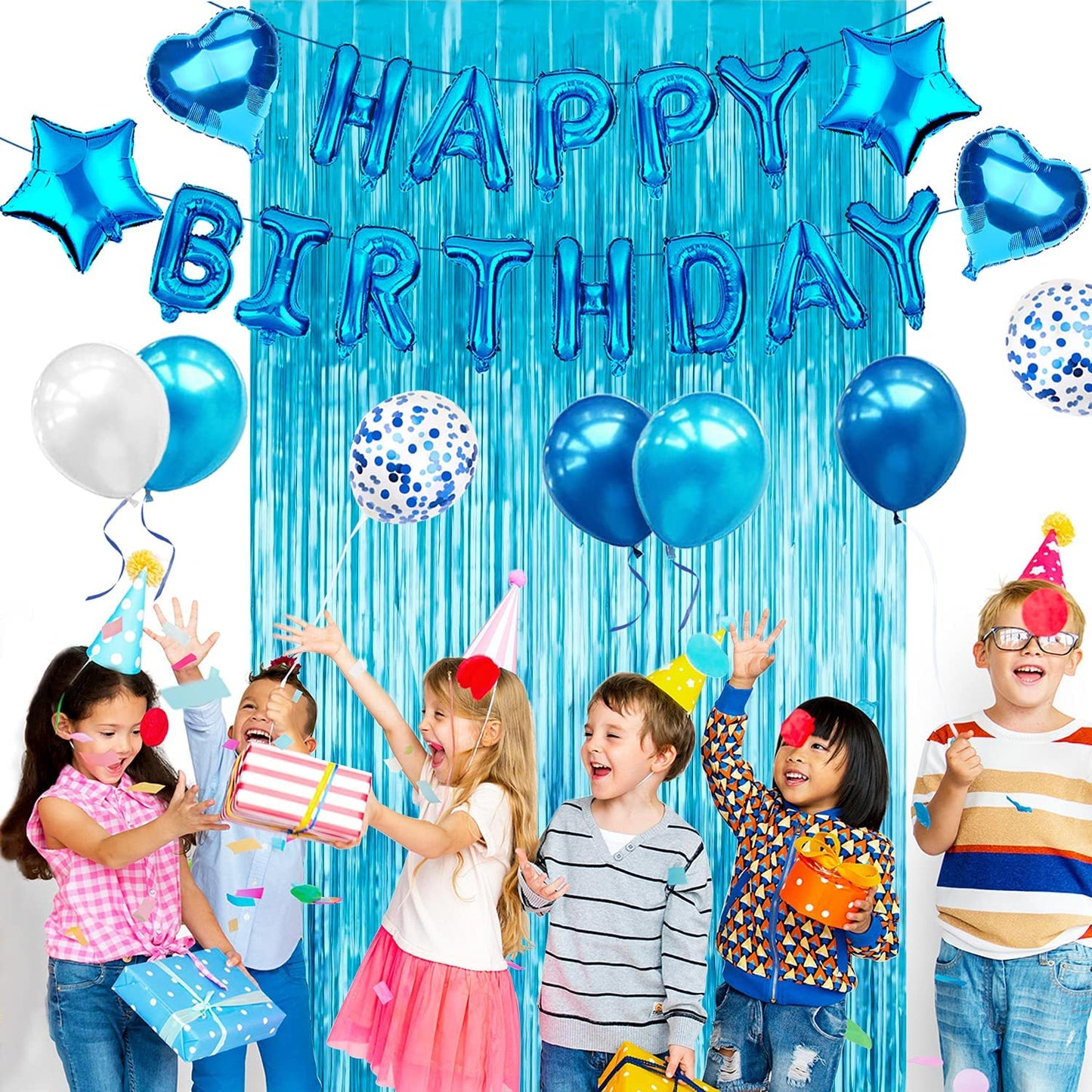 iZoeL Blue Birthday Decoration for Boys, Happy Birthday Banner, Foil Fringe Curtain Tablecloth, Heart Star Confetti Balloons with 10g Birthday Table Confetti for Baby Shower Men Kids
