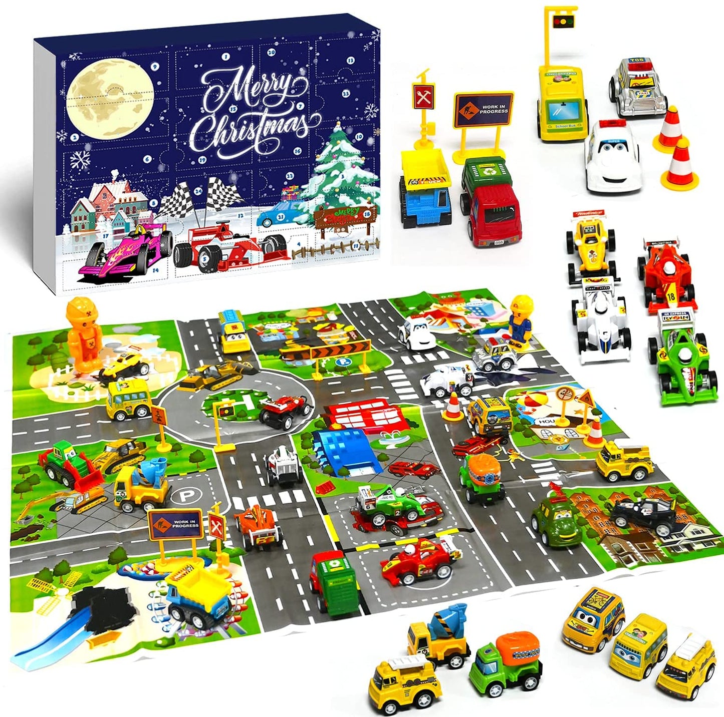 iZoeL Cars Advent Calendar for Kids Boys 2021 Christmas, 24 Mini Pull Back Vehicles with Game Map, Racing Car Construction Vehicles Fire Truck Countdown Days to Christmas for Son Grandson Girls