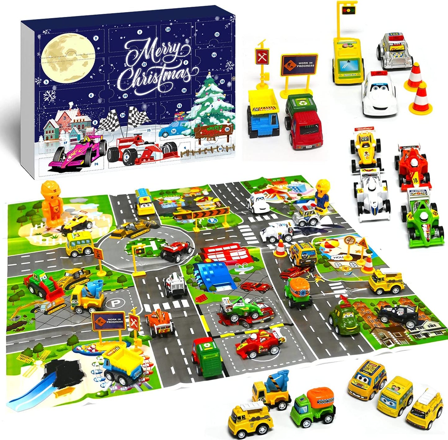 iZoeL Cars Advent Calendar for Kids Boys 2021 Christmas, 24 Mini Pull Back Vehicles with Game Map, Racing Car Construction Vehicles Fire Truck Countdown Days to Christmas for Son Grandson Girls