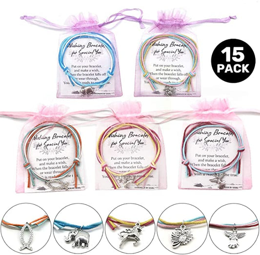iZoeL 15 x Wish Bracelets Unicorn Angels Elephants Fish Owl Bracelet Wedding Presents Baby Shower Guest Gift Party Bag Favours with 15 Organza Bags and 15 Gift Cards for Kid Adult