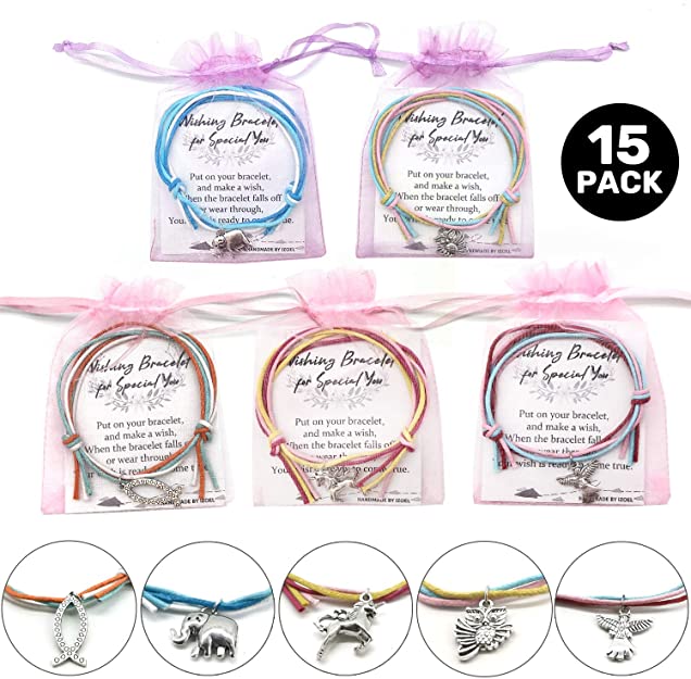 iZoeL 15 x Wish Bracelets Unicorn Angels Elephants Fish Owl Bracelet Wedding Presents Baby Shower Guest Gift Party Bag Favours with 15 Organza Bags and 15 Gift Cards for Kid Adult