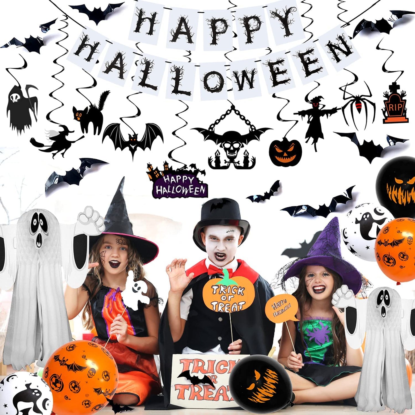 iZoeL Spooky Halloween Decorations Balloon Set, Floating Ghost Flying Bat Halloween Banner Scary Balloons, Halloween Party Decor for Indoor Outdoor Yard Haunted House Props halloween bunting