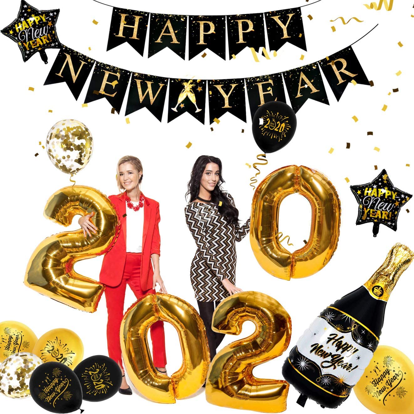 iZoeL Happy New Year Balloon 2021 XXXL Set, Black Gold Happy New Year Banner, Gold Fringe Curtain, Foil Helium Confetti Balloons Number Star Bottle Champagne for New Year's Eve Party Decoration
