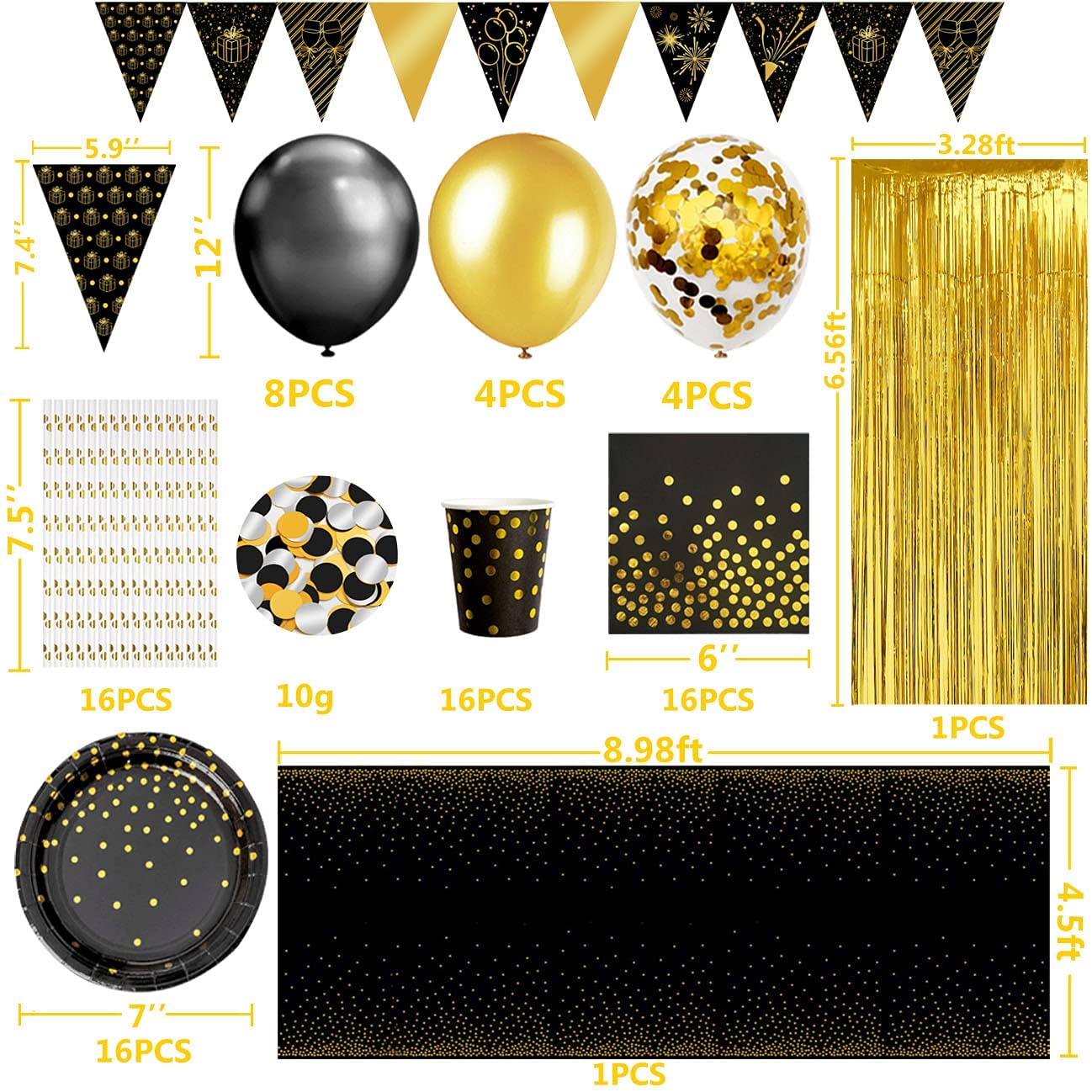 iZoeL Black Gold Party Decorations Supplies for 16Guests Tableware Bunting Curtain Tablecloth Plates Napkins Cups Straws Balloon Birthday Wedding Hen Party Anniversary